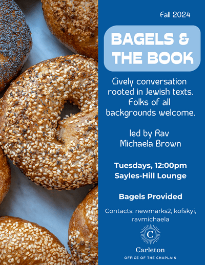 Bagels in the Book Poster with a large photo of bagels on the left side with a blue panel and writing on the right