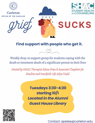Grief Sucks poster with a cartoon drawing of a woman in a fetal position with a rain cloud above her