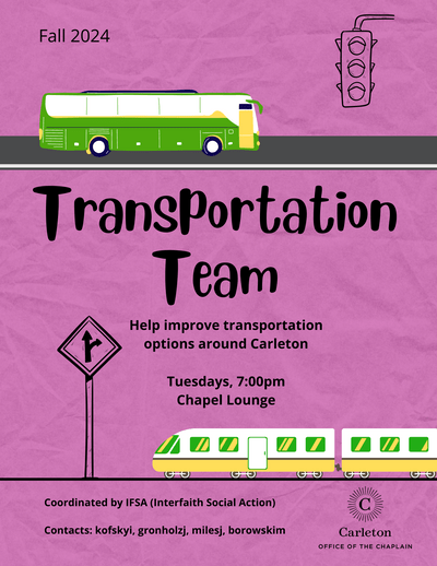 Interfaith Social Action Poster featuring a bus on top and a train on the bottom