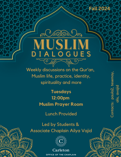 Muslim Dialogues Poster with dark greenish blue background and gold writing