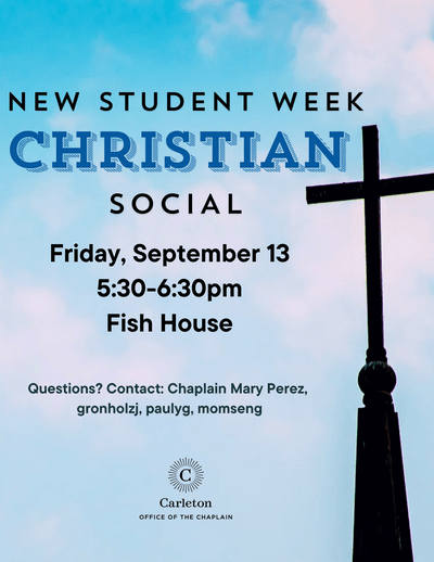 Christian Social poster with a photo of a cross on top of a steeple and blue sky background dotted with white clouds