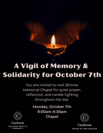 October 7th Vigil Poster featuring hands holding a lit candle on a dark background