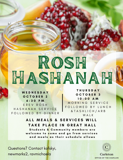 Rosh Hashanah poster with a jar of honey and cut up pomegranate in the background
