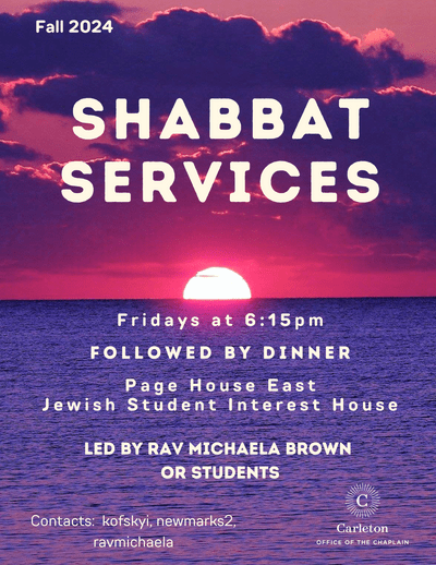 Shabbat Services poster with image of the sun setting over the ocean