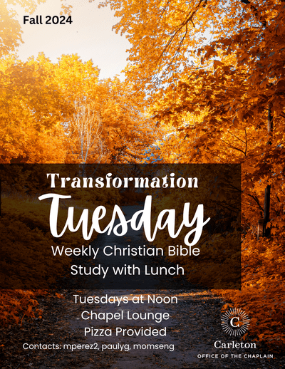Transformation Tuesday Poster with a path leading through a forest with leaves turning fall colors