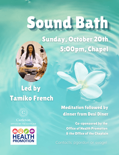 Sound Bath poster featuring a picture of Tamiko French and a white flower floating on water