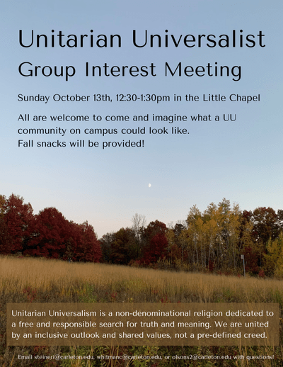 Unitarian Universalist Group Interest Meeting poster featuring a forest with fall colors