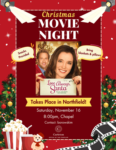 Christmas Movie Night, Snacks Provided, Bring Blankets & Pillows, 