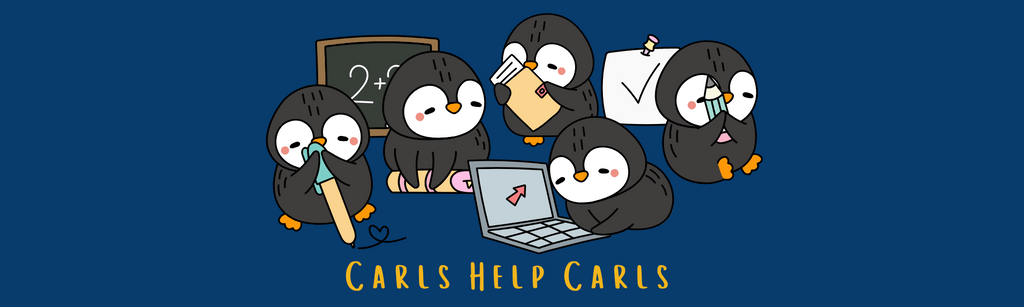 Group of penguins doing academic tasks together with the text "Carls Help Carls" beneath them
