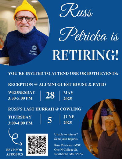 Poster announcing Russ's retirement and party details with one current photo of Russ and one photo of Russ leading aerobics.