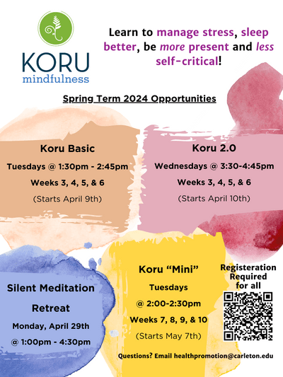 Flyer that shows listed times and dates for Koru Basic, Koru 2.0, Silent Retreat, and Koru Mini happening during the Spring 2024.