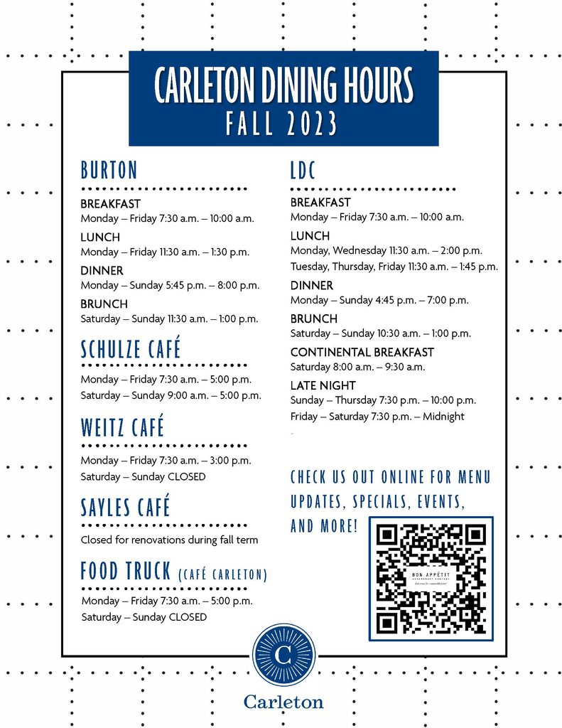 Carleton Dining Facilities Standard Hours of Operation — Fall 2023