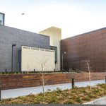 The north facade of the Weitz Center for Creativity. To the left of the entrance is the new Perlman Teaching Museum; to the right, the 250-seat performance theater.