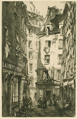 Etching and drypoint of a French street market circa late 1800s to early 1900s. A sign above a business reads "La Vigneronne".