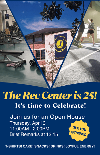 Event poster showing the weight room, track and outside of The Rec Center along with event details