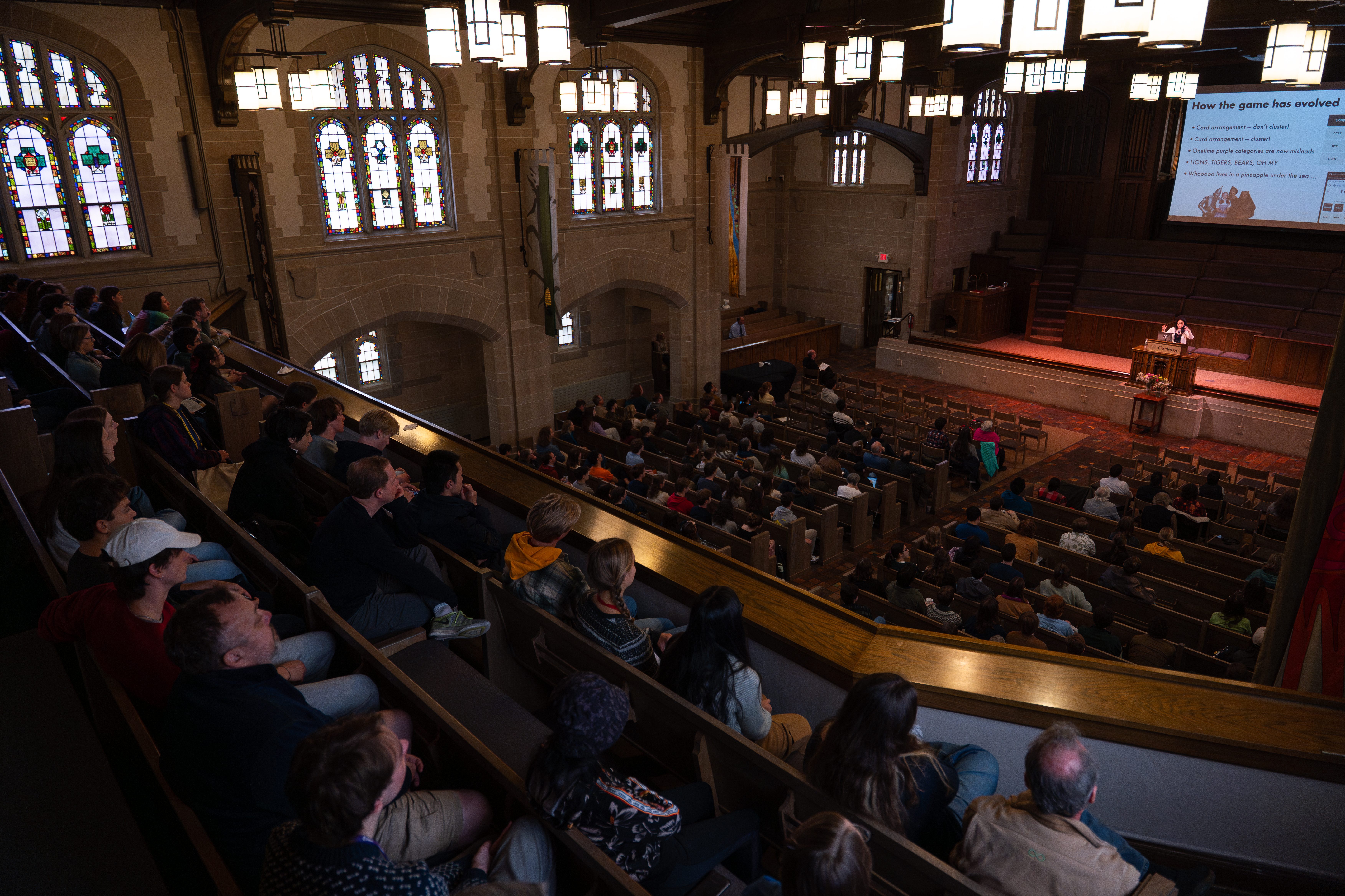 Carleton community enjoying Convocation. Full house in the Chapel.