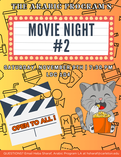 cartoon kitten eating popcorn on event poster