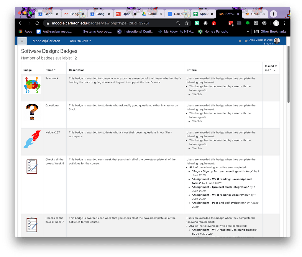 View of Moodle page with badge icon/name/description/criteria