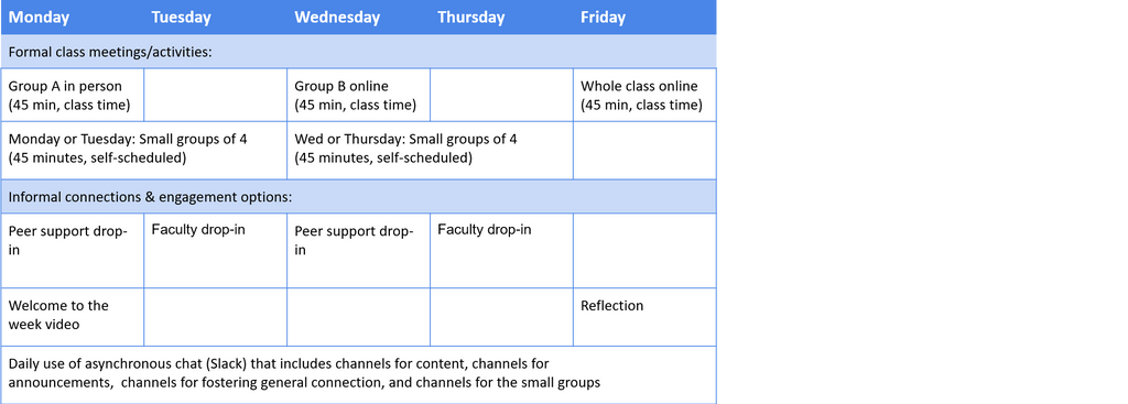 Summary of the types of activities that would happen each day of the week. 
