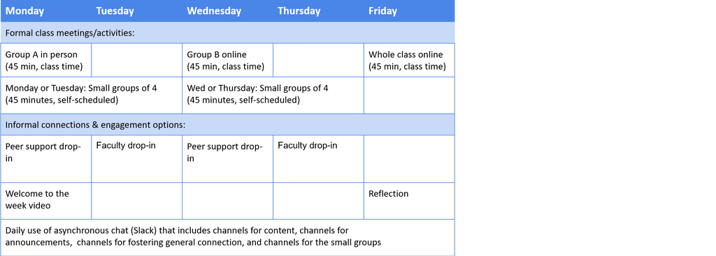 Summary of the types of activities that would happen each day of the week.