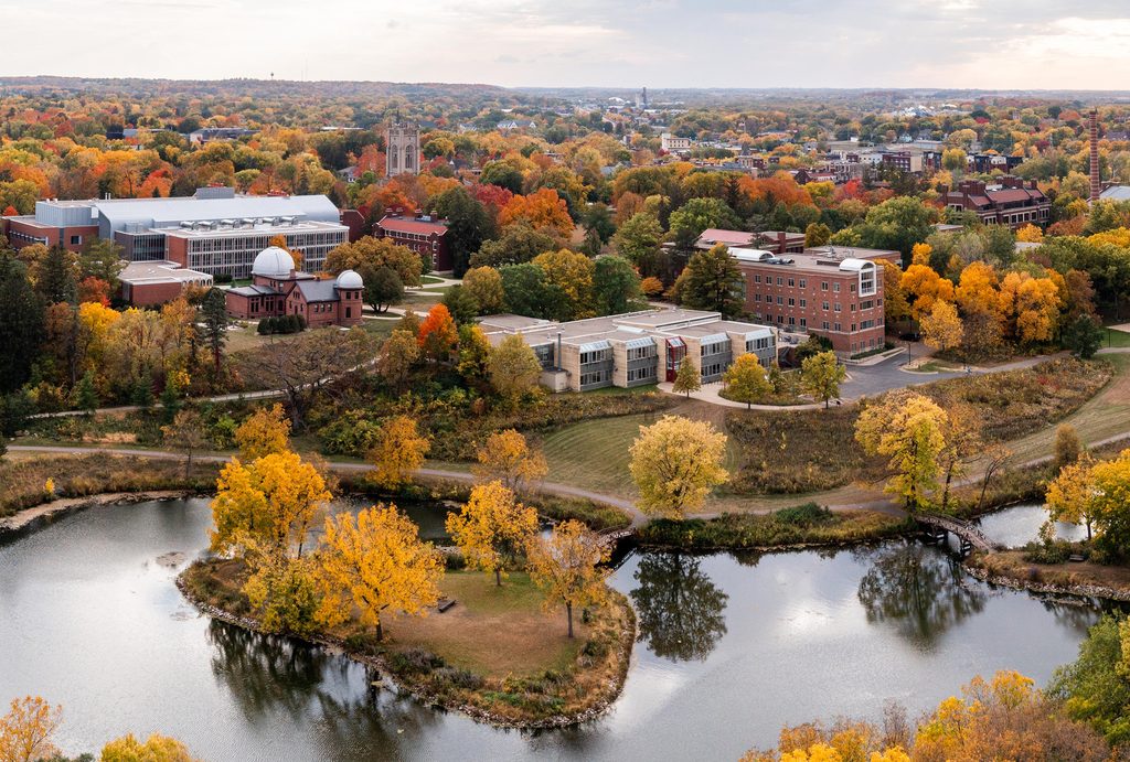 Aerial view of the Carleton College campus with the Lyman Lakes in the foreground