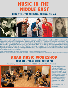 Course poster for ARBC 222: Music in the Middle East and ARBC 223: Arab Music Workshop