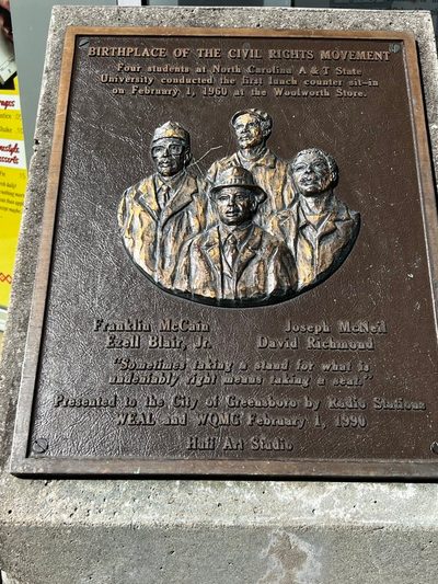 bronze plaque commemorating the "Birthplace of the Civil Rights Movement" at the International Civil Rights Center & Museum