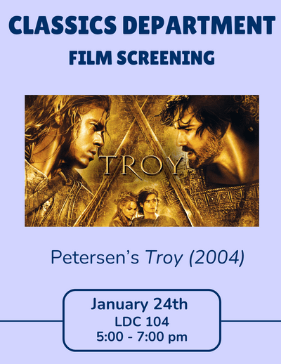 purple event flyer with a photo of the Troy movie actors