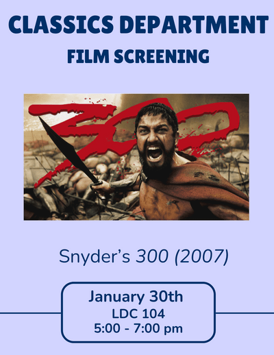 Purple event poster with a photo of the 300 movie actors