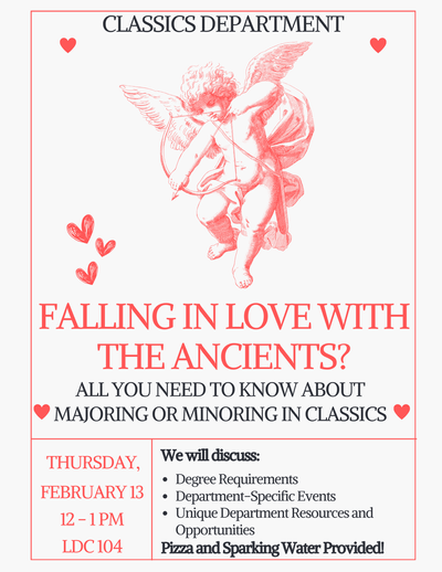 event poster in cream and pink, with hearts and cupid