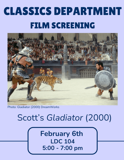 event poster in purple/blue with a still image from the movie Gladiator (2000)