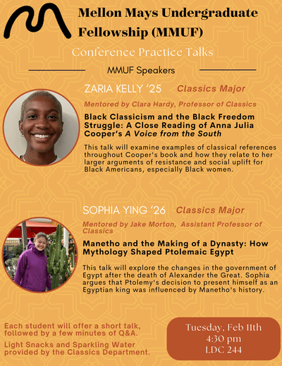 MMUF Practice talk flyer in gold. Tuesday, February 11th at 4:30 pm in LDC 244