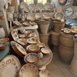 pottery shop with various items stacked and for sale