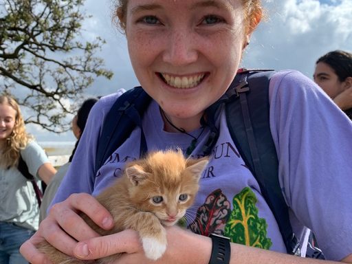Carleton student Lily Horne '23 holding the world's cutest orange kitten at a farm visit