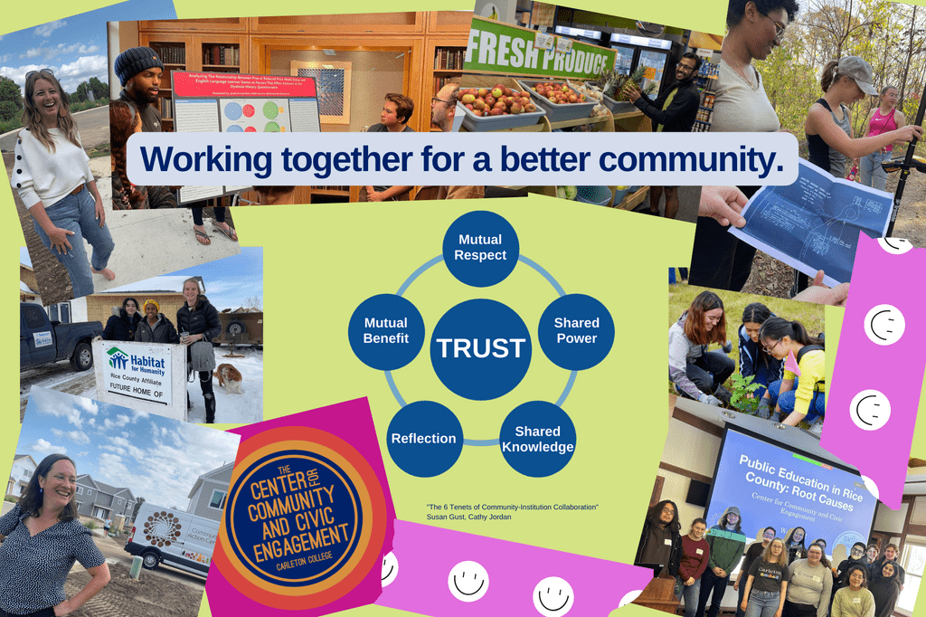 Collage of images from various community collaborations. Text reads "Working together for a better community."