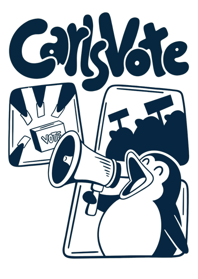 Illustration of penguin with bullhorn and people voting.