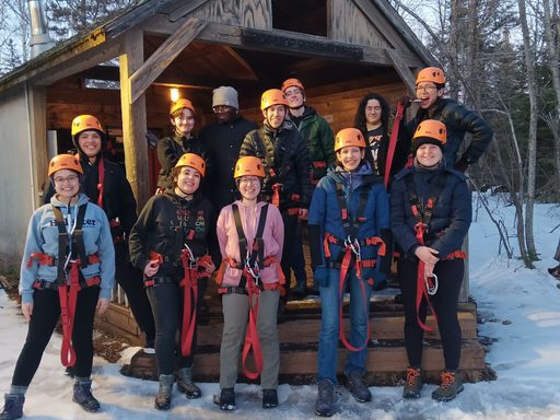 Wolf Ridge ASB participants in gear for the ropes course