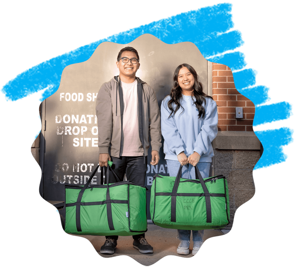 Image collage featuring Food Recovery Network volunteers Jonathan Nguyen ’25 and Amanda Ta ’25