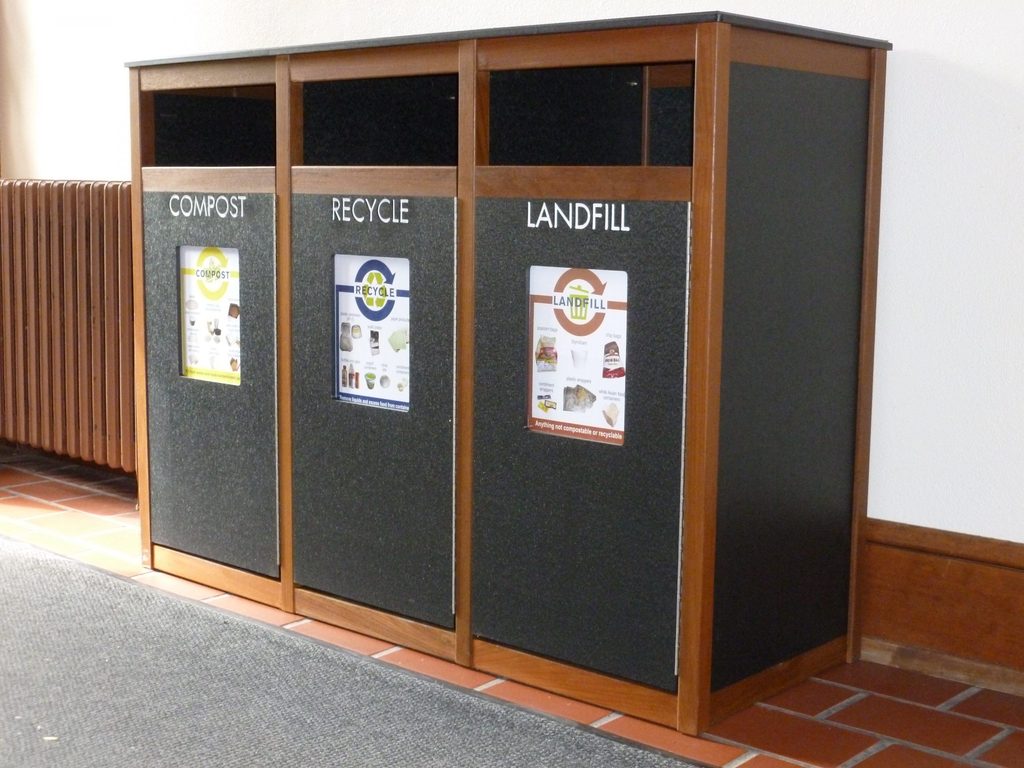 Centralized Waste Station with separate compost, recycle, and landfill bins