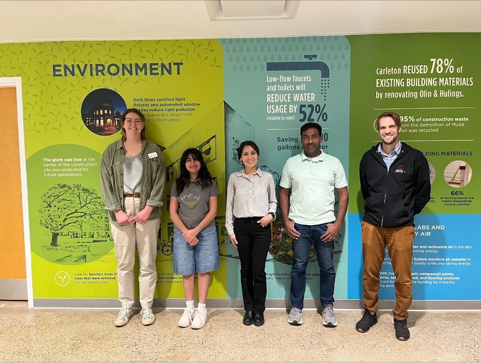 group poses for photo in front of poster-filled wall