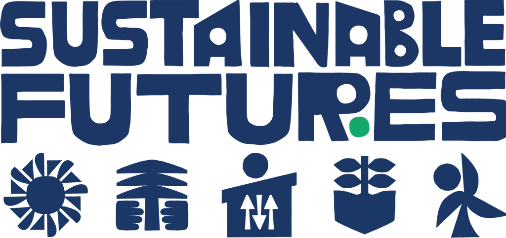 illustrated text reading: sustainable futures. Five illustrated icons are below.
