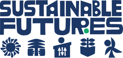 illustrated text reading: sustainable futures. Five illustrated icons are below.