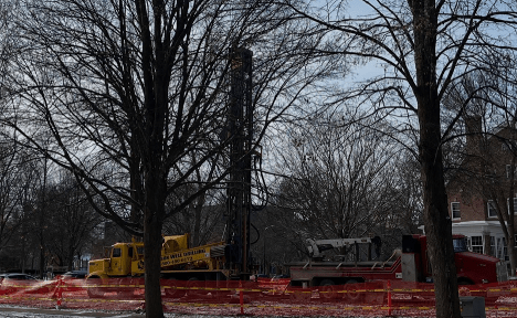 trucks parked in a construction zone