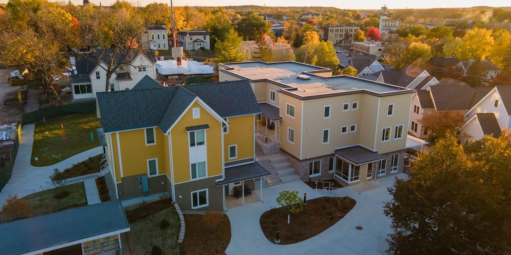 aerial view of neil house and multicultural center