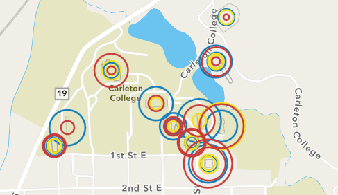 heatmap of carleton campus showing which areas on campus contribute the most waste,