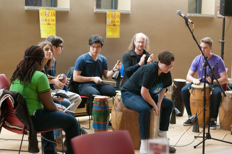 A West African Drum Ensemble performance in Sayles-Hill Campus Center