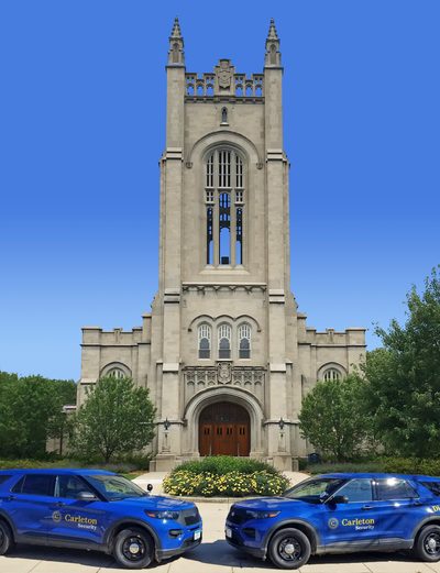 Security Vehicles in front of Skinner Chapel