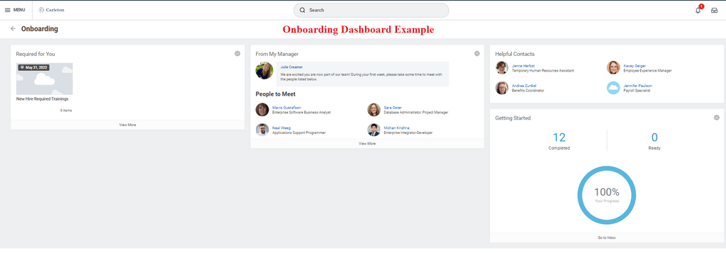 Screenshot Workday Onboarding Dashboard