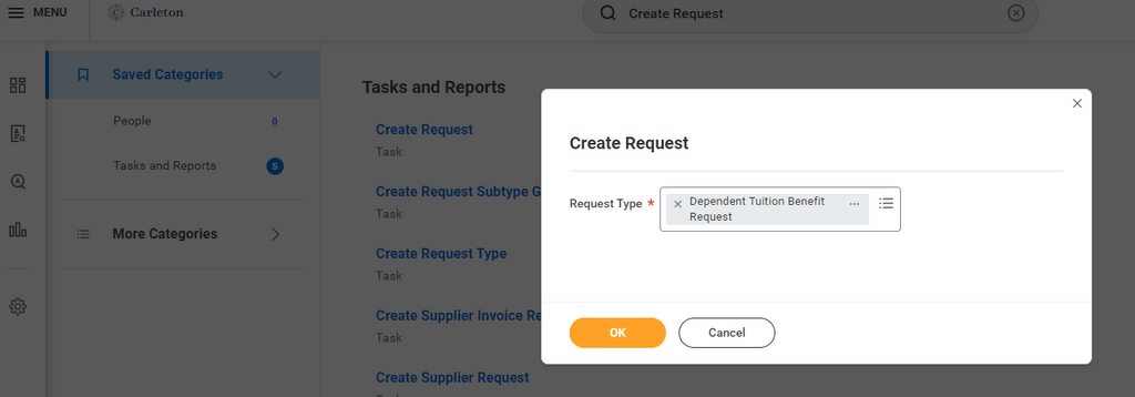 Screenshot: Create Request in Workday