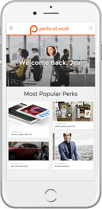 Phone screen showing Perks at Work employee savings app